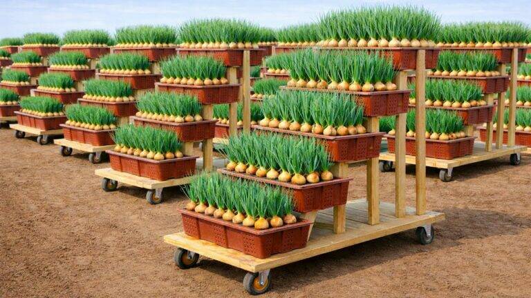 This simple solution transforms plastic crates into a thriving green onion garden…