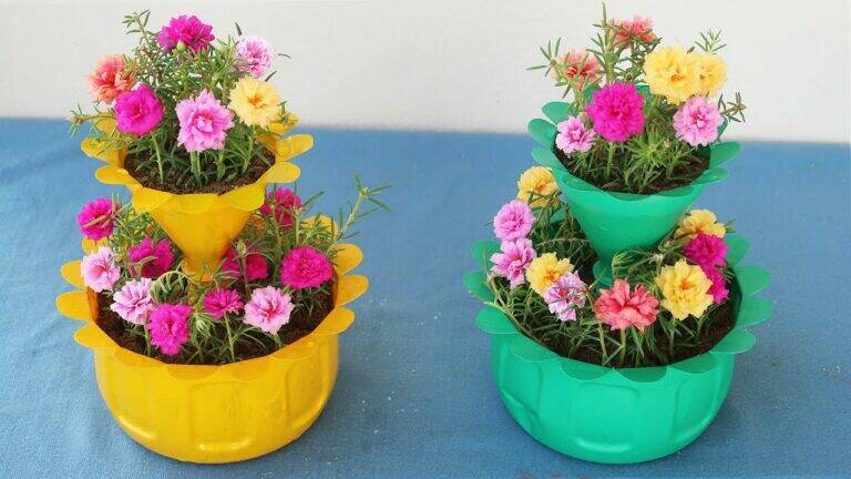 This simple method turns plastic bottles into stunning tiered flower pots that thrive…