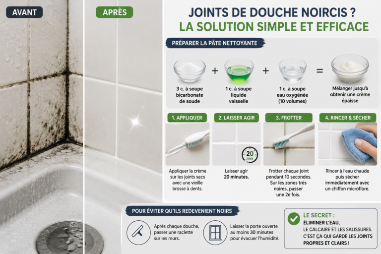 Joints de douche noircis : la méthode simple pour les nettoyer sans les abîmer