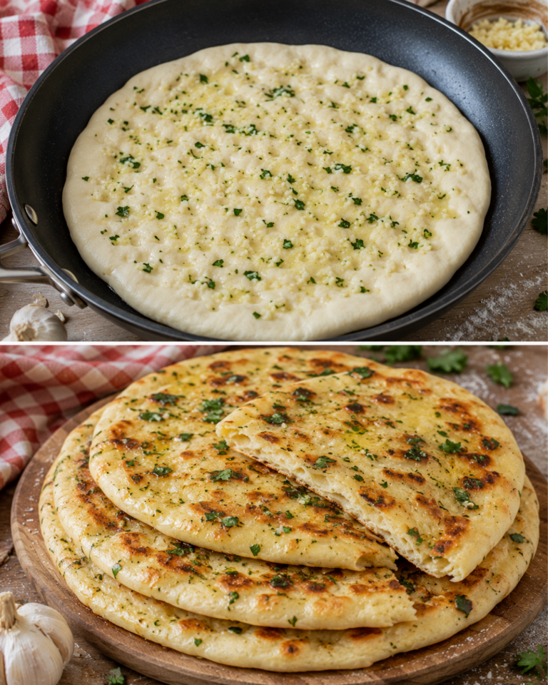 Zachte knoflookplatbroden zonder gist – luchtig, smaakvol en snel uit de pan 🧄