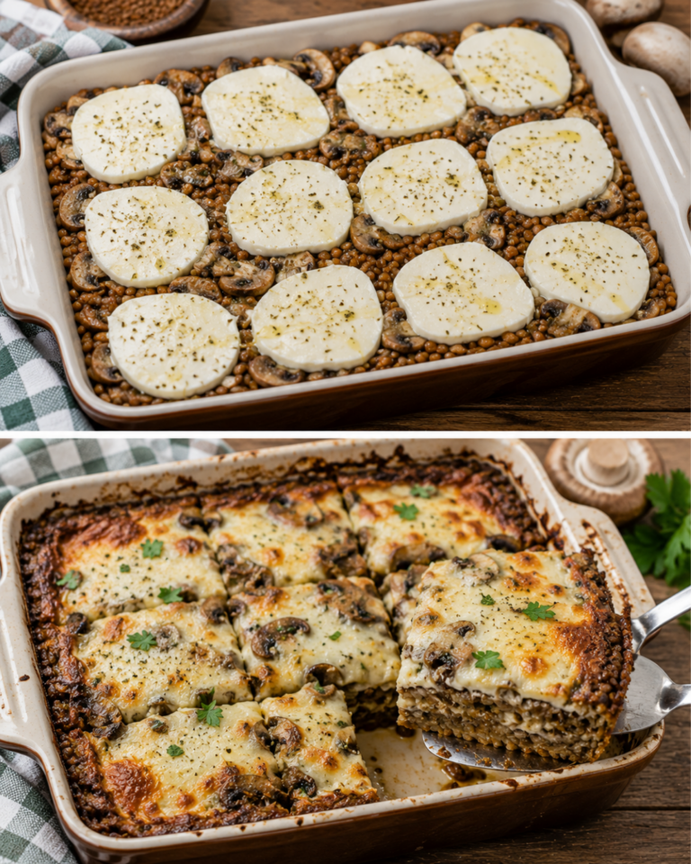 Mushroom Lentil Mozzarella Bake That Slices Beautifully