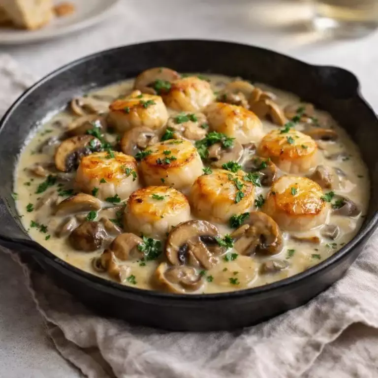 Blanquette de Saint-Jacques aux Champignons, sauce crème au vin blanc