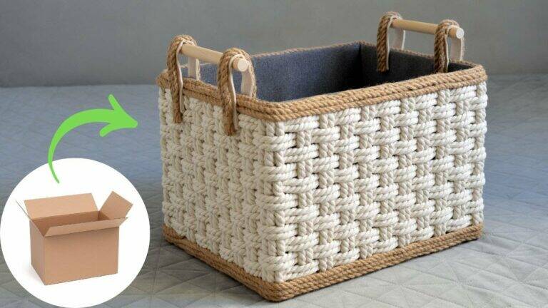 This simple method transforms a cardboard box into a stunning rope storage basket…