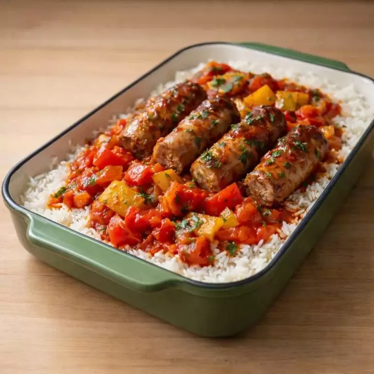 Rougail saucisse créole aux poivrons et tomates, riz parfumé
