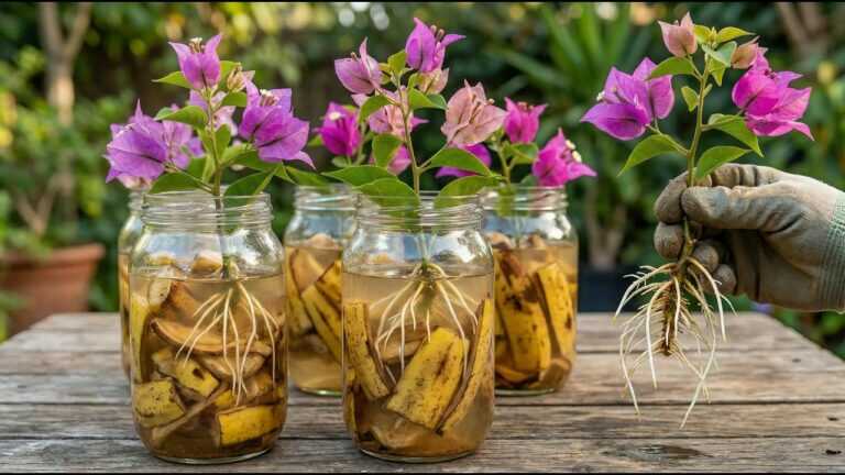 Tylko skórka banana! Gałąź bougainvillei nagle wypuściła 900% więcej korzeni.