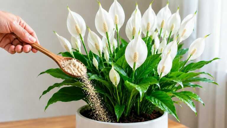 Mettez seulement une cuillère sous le pot ! La fleur de la paix fleurit abondamment toute l’année sans arrêt