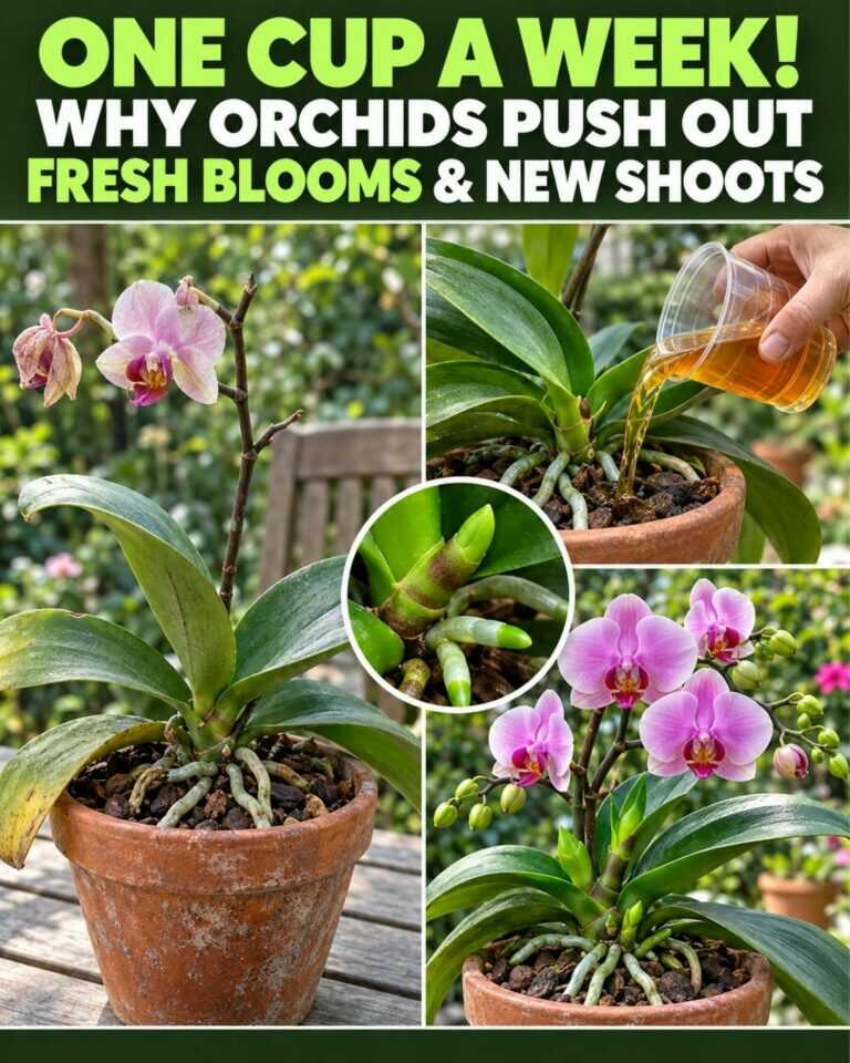 One cup a week! Orchids quickly push out fresh blooms and new shoots