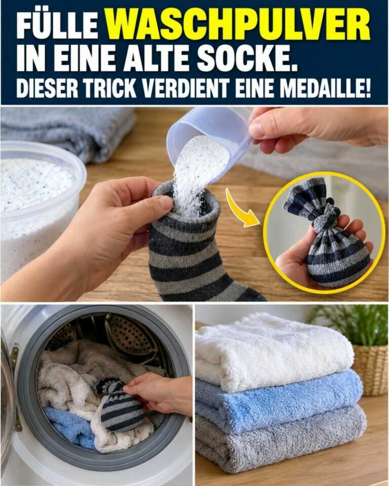 Fülle Waschpulver in eine alte Socke. Dieser Trick verdient eine Medaille!