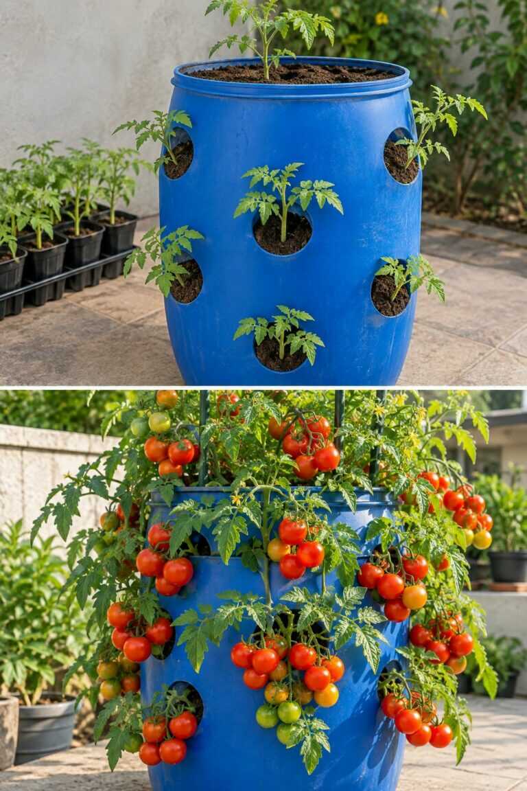 A great way to grow tomatoes in a plastic barrel — loaded with fresh fruit